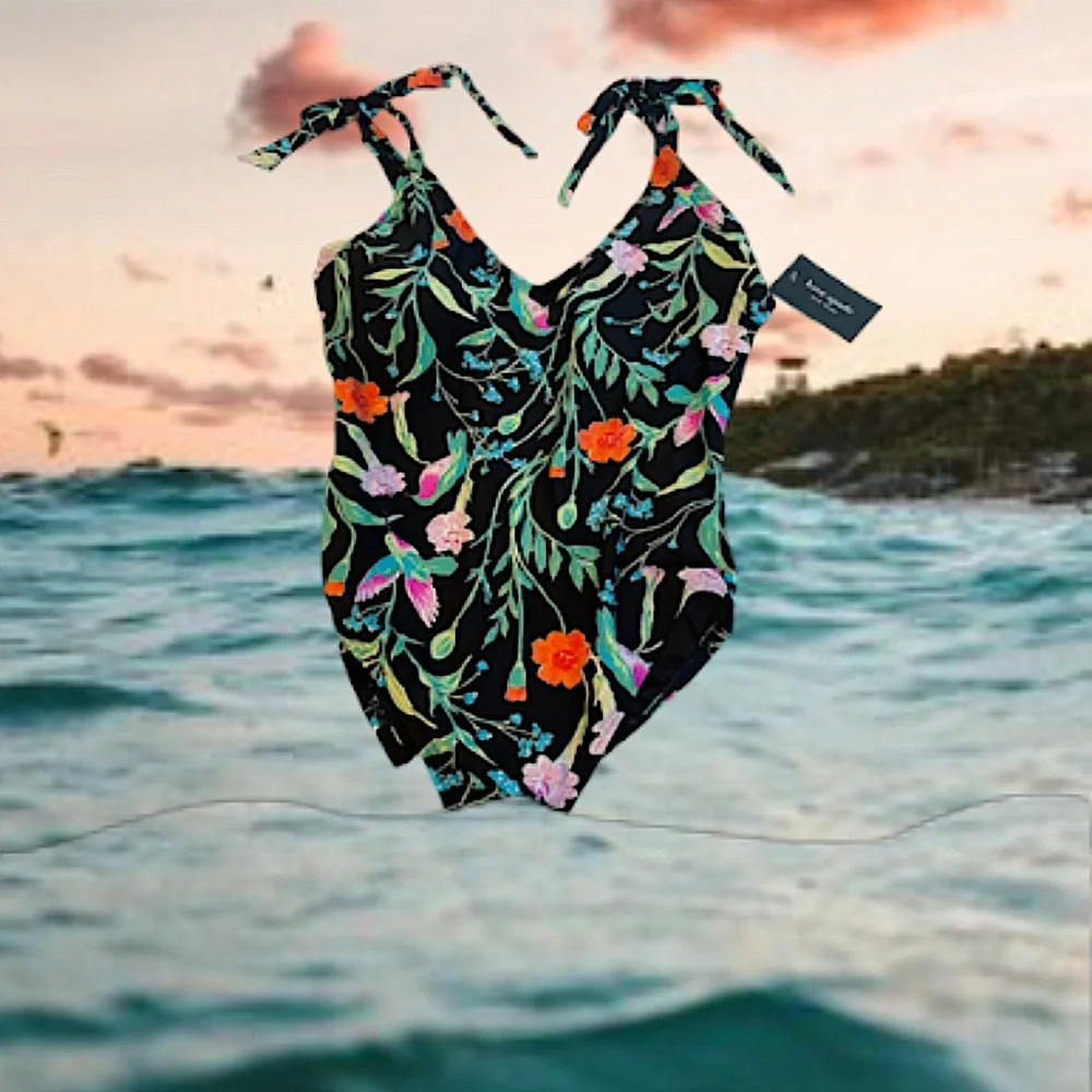 NWT Kate Spade Multicolor Floral Shoulder Tie V-Neck One-Piece Swimsuit. Large.